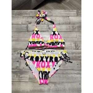 Roxy Bikini Set Neon Pink Yellow Logo Print Halter Triangle Top S Bottom M